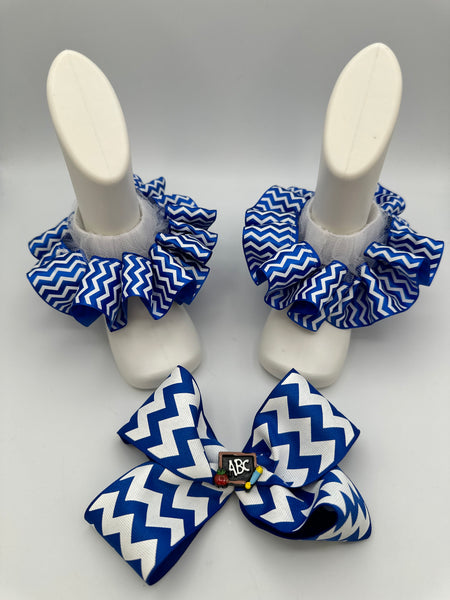 Blue Chevron Ruffle Socks and Hair Bow Set