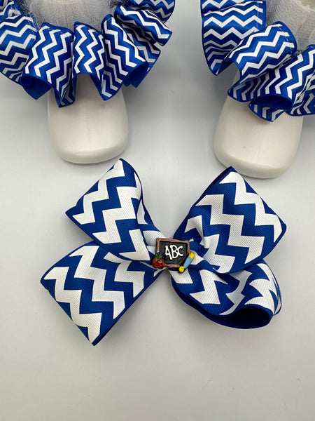Blue Chevron Ruffle Socks and Hair Bow Set